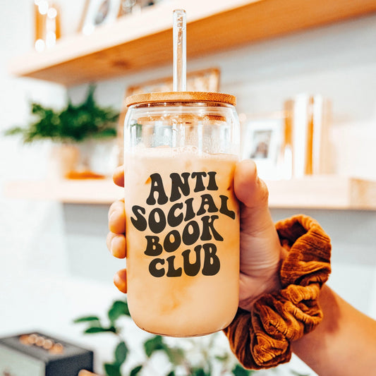 Anti-Social Book Club Clear Glass Cup with Bamboo Lid & Straw - Starry Skies Austin