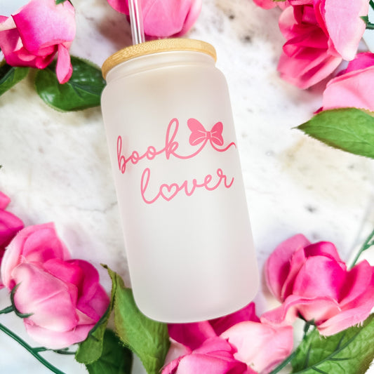 Book Lover Frosted Glass Cup with Bamboo Lid & Straw - Starry Skies Austin