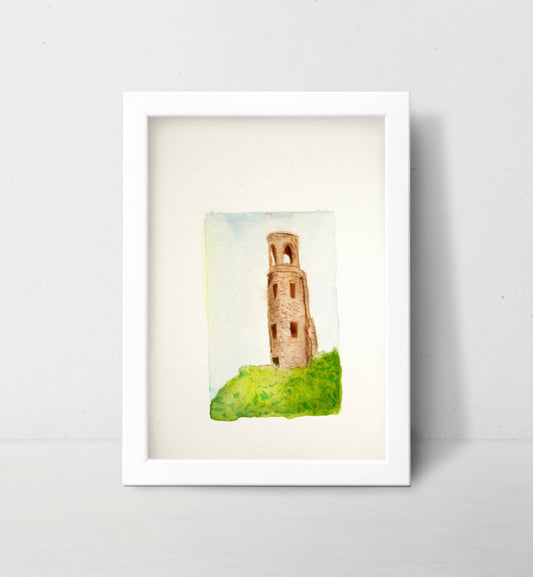 Celtic Lonely Tower Watercolor Art Print Intaglio Fine Art - Starry Skies Austin