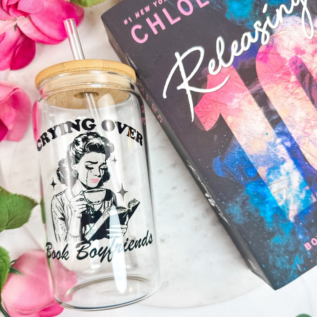 Crying Over Book Boyfriends Clear Glass Cup with Bamboo Lid & Straw - Starry Skies Austin