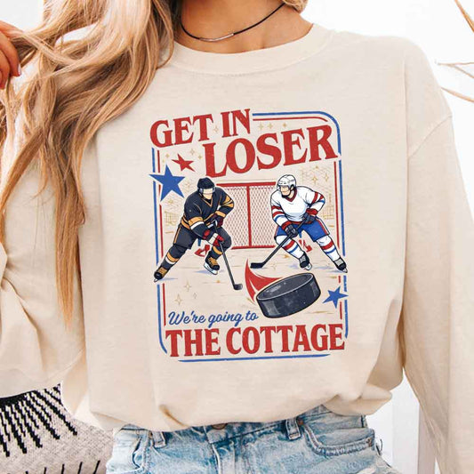 Get In Loser, We’re Going to the Cottage Comfort Colors Long Sleeve – Hockey Romance BookTok Shirt - Starry Skies Austin