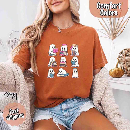 Ghost Reading Comfort Colors Shirt – Spooky Book Lover Halloween Tee - Starry Skies Austin
