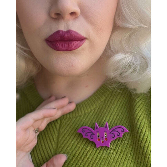 Gothic Glam Bat Scatter Pin PLUM by Johanna Parker x Lipstick & Chrome — Halloween Bat Acrylic Brooch - Starry Skies Austin