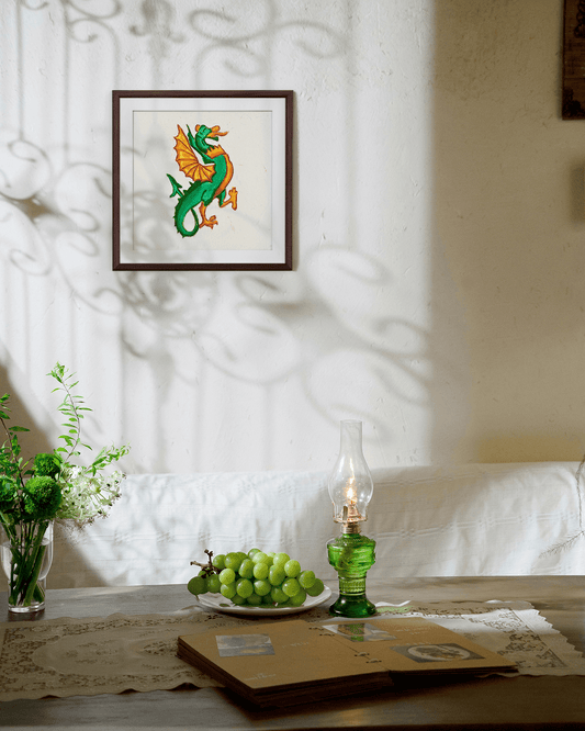 Green and Gold Dragon Wall Art Print - 8x8" Size - Starry Skies Austin