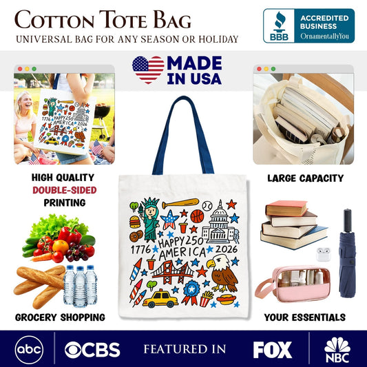 Happy 250 America Doodle Tote Bag, Patriotic USA 1776-2026 250th Anniversary Gift Shopper - Starry Skies Austin