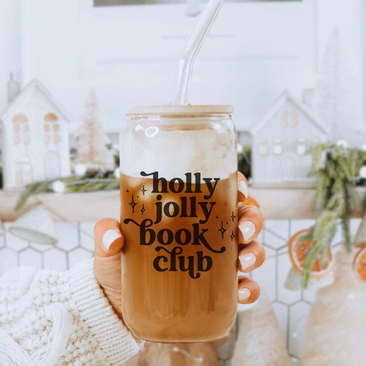 Holly Jolly Book Club Clear Glass Cup with Bamboo Lid & Straw - Starry Skies Austin