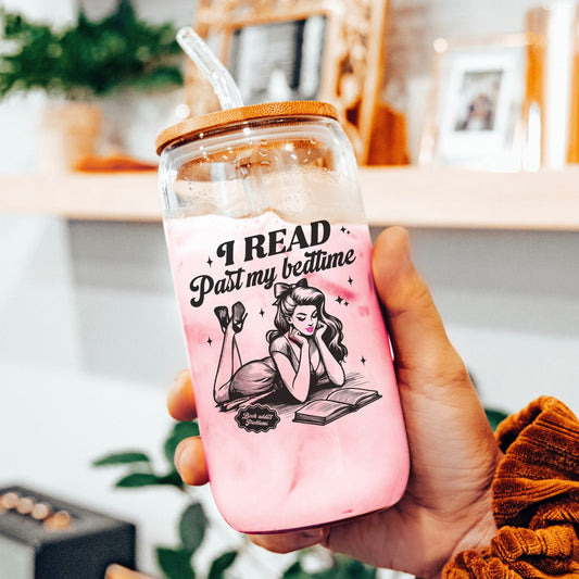 I Read Past My Bedtime Clear Glass Cup with Bamboo Lid & Plastic Straw - Starry Skies Austin