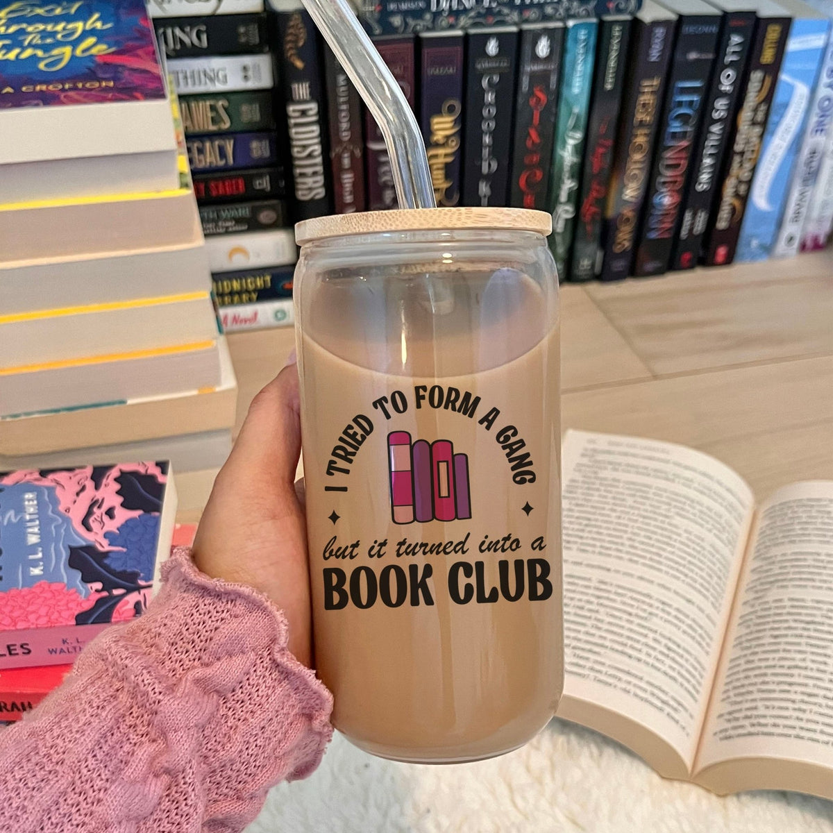 I Tried to Form A Gang But It Turned Into a Book Club Clear Glass Cup with Bamboo Lid & Straw - Starry Skies Austin