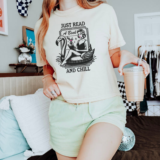 Just Read and Chill Retro Bookish Boxy Cropped Shirt - Premium Comfort Colors Tee for Book Lovers - Starry Skies Austin