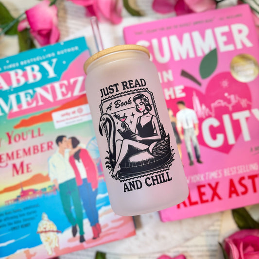 Just Read and Chill Retro Frosted Glass Cup - Bamboo Lid & Straw for Book Lovers - Starry Skies Austin