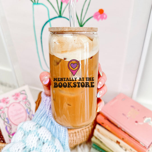 Mentally at the Bookstore Clear Glass Cup with Bamboo Lid & Straw | Bookish Drinkware - Starry Skies Austin