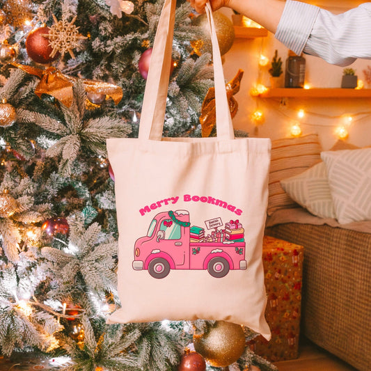 Merry Bookmas Holiday Book Truck Canvas Tote Bag - Starry Skies Austin