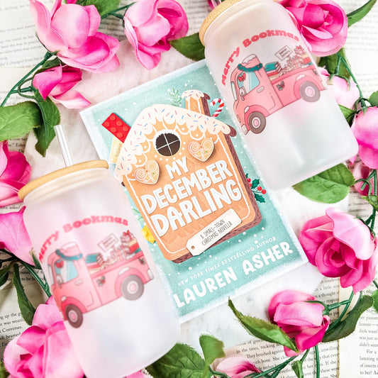 Merry Bookmas Holiday Book Truck Frosted Glass Cup With Bamboo Lid And Straw - Starry Skies Austin