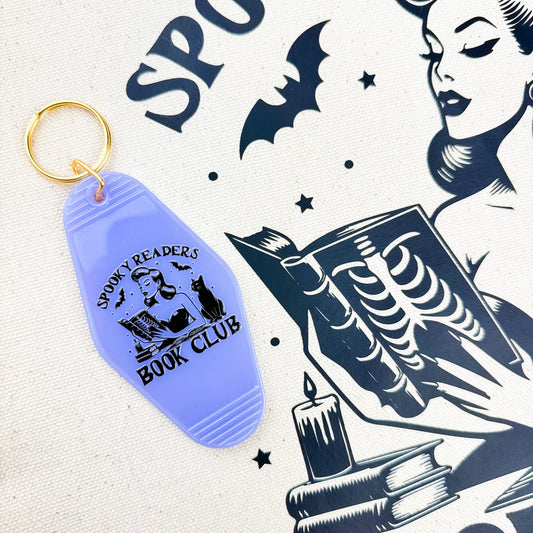 Spooky Readers Book Club Motel Keychain | Retro Halloween Bookish Accessory with UVF Decal - Starry Skies Austin
