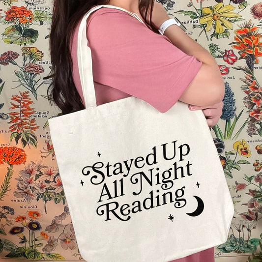 Stayed Up All Night Reading Canvas Tote Bag | Perfect for Book Lovers, Library Trips, and Bookstore Adventures - Starry Skies Austin