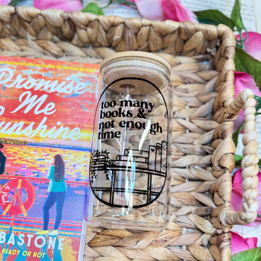 Too Many Books Not Enough Time Clear Glass Cup With Bamboo Lid And Straw - Starry Skies Austin