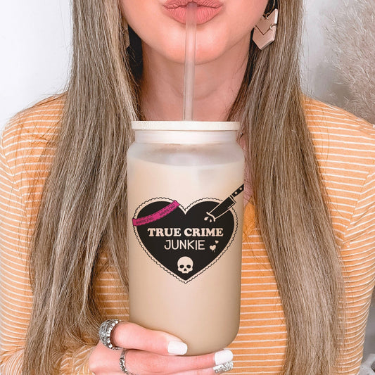 True Crime Junkie Frosted Glass Cup with Bamboo Lid and Straw - Starry Skies Austin