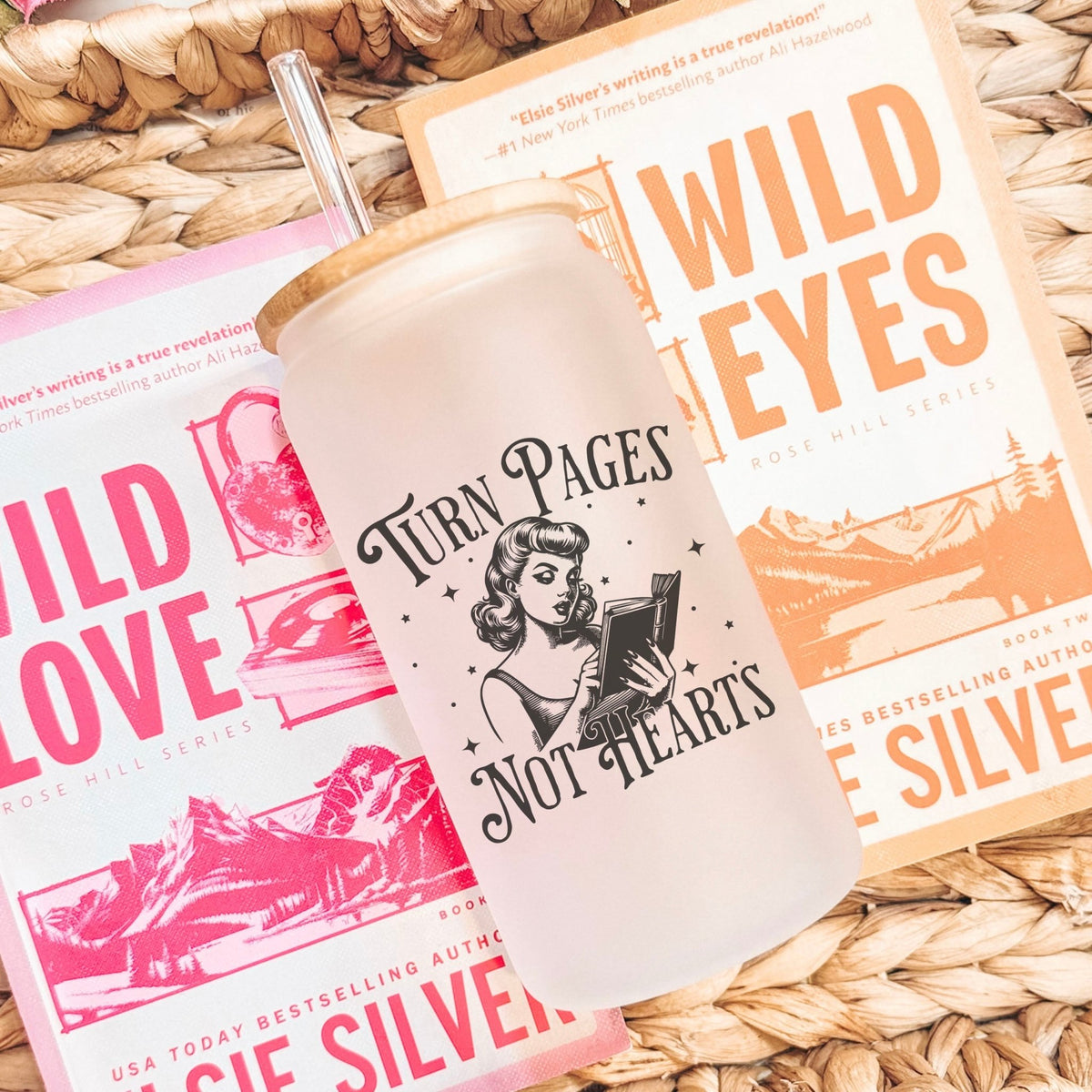 Turn Pages Not Hearts Frosted Glass Cup with Bamboo Lid & Straw - Starry Skies Austin