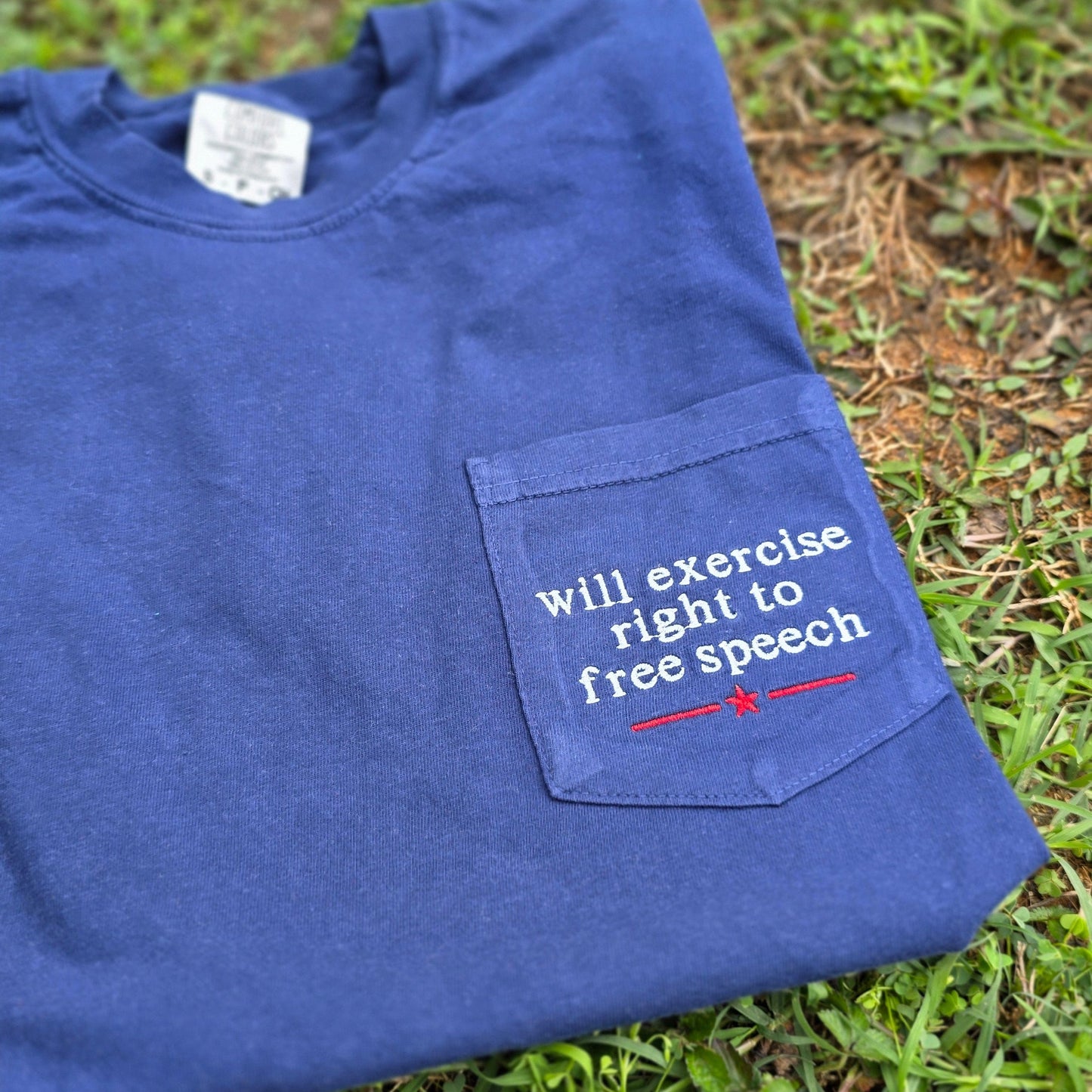 Will Exercise Right to Free Speech Embroidered Pocket Tee | 4th of July