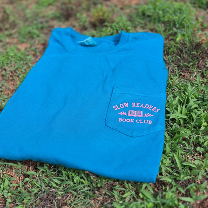 Slow Readers Club Embroidered Pocket Tee | Comfort Colors 6030 | Bookish Embroidery