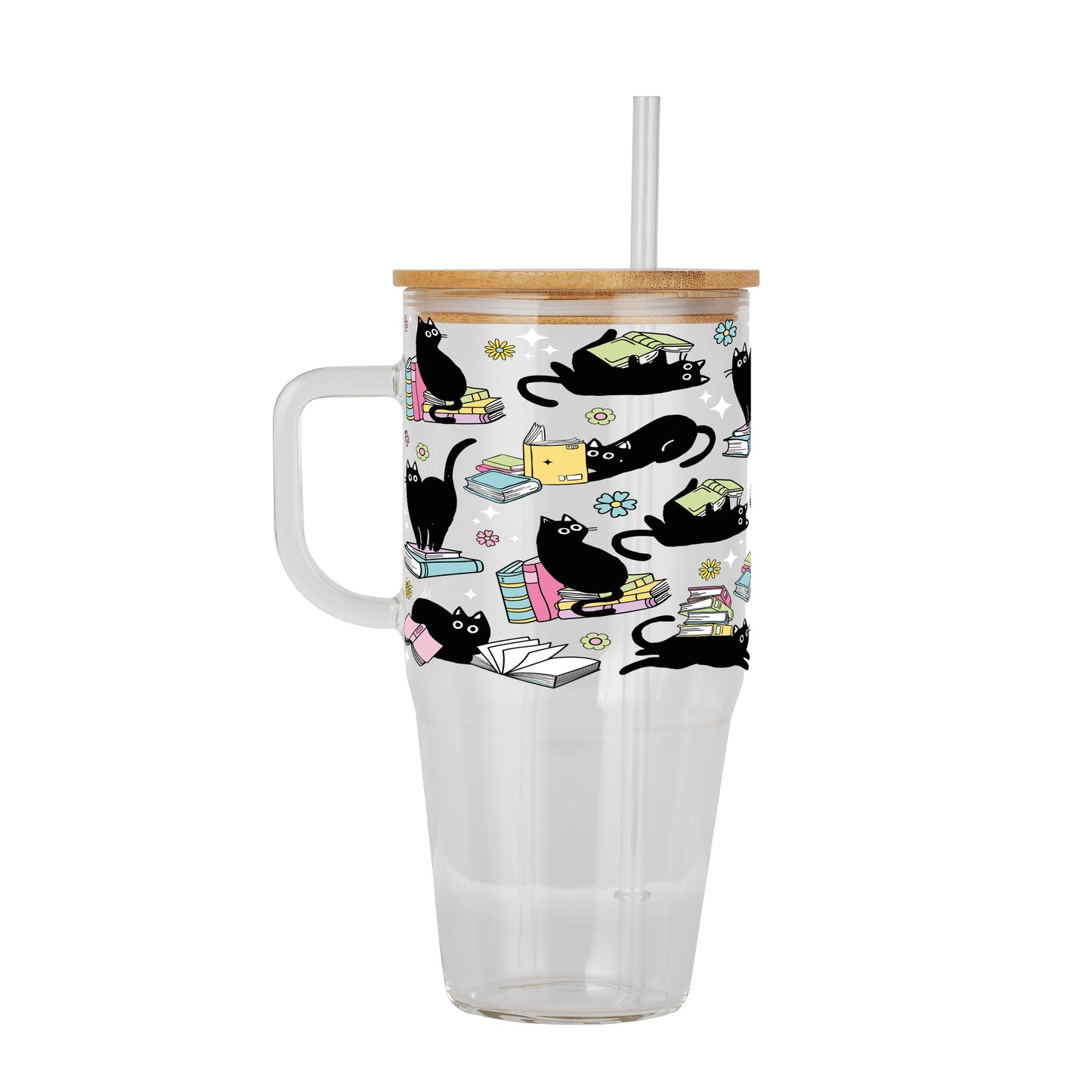 Black Cats on Books Glass Cup, Mug & Tumbler with Lid and Straw