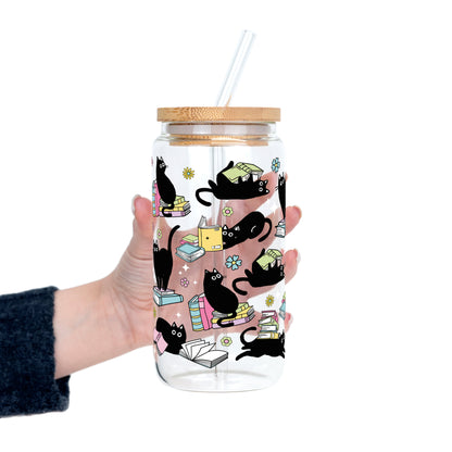 Black Cats on Books Glass Cup, Mug & Tumbler with Lid and Straw