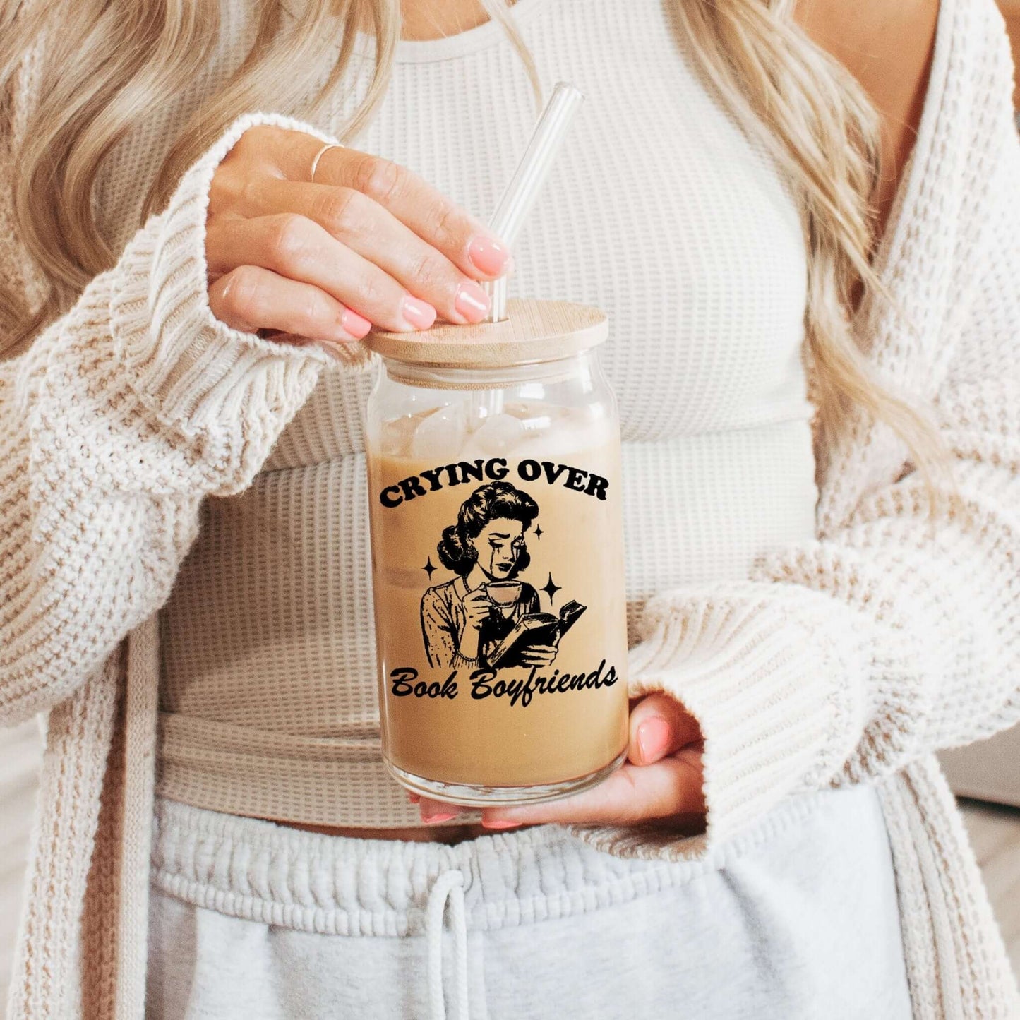 Crying Over Book Boyfriend Glass Cup, Mug & Tumbler with Lid and Straw