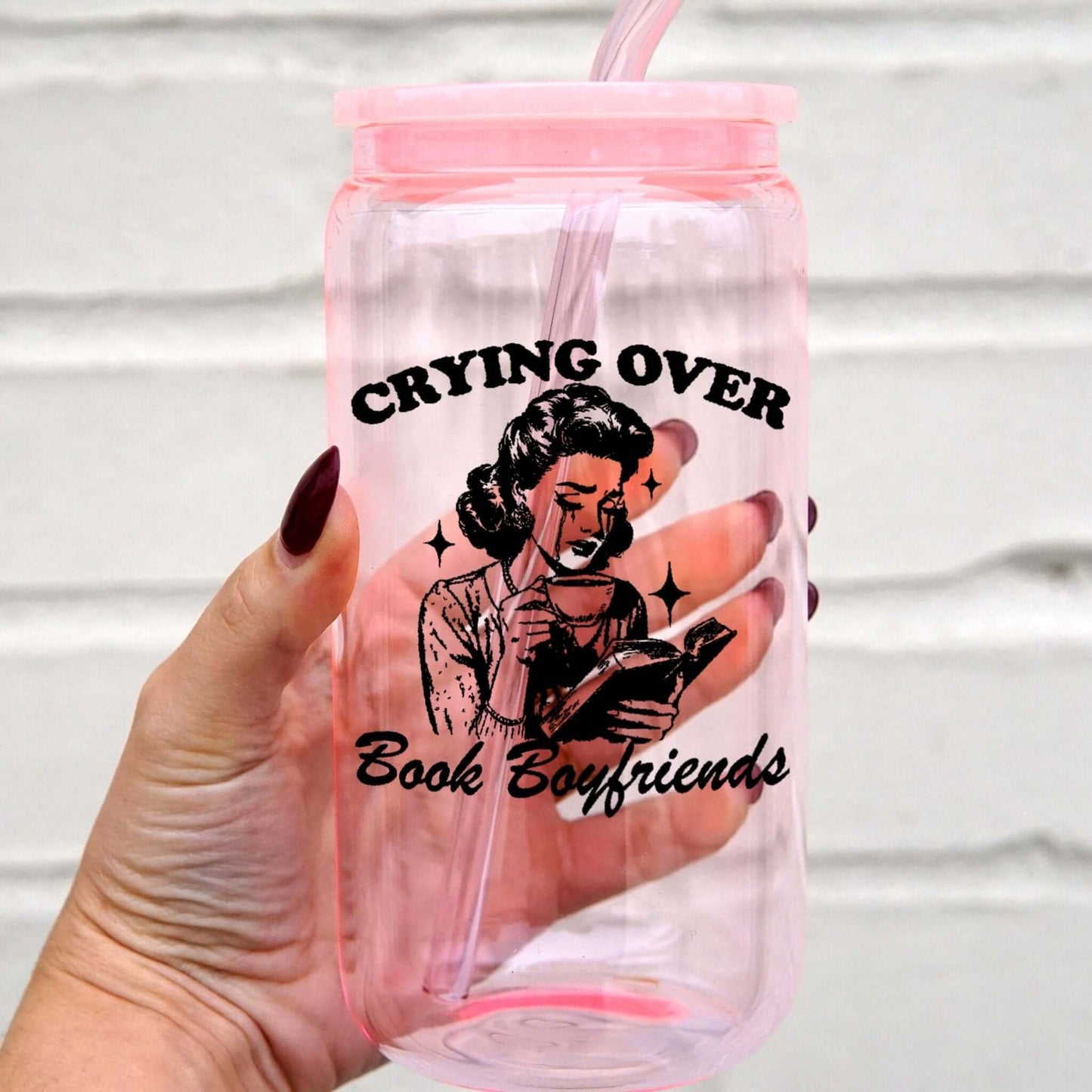 Crying Over Book Boyfriend Glass Cup, Mug & Tumbler with Lid and Straw