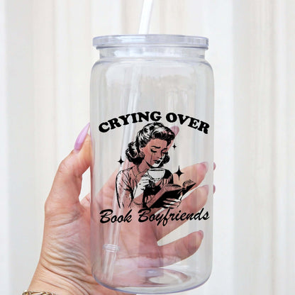 Crying Over Book Boyfriend Glass Cup, Mug & Tumbler with Lid and Straw