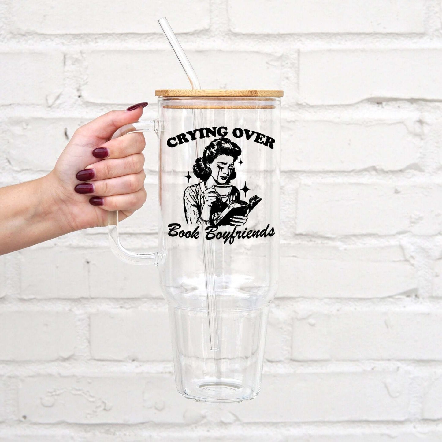 Crying Over Book Boyfriend Glass Cup, Mug & Tumbler with Lid and Straw