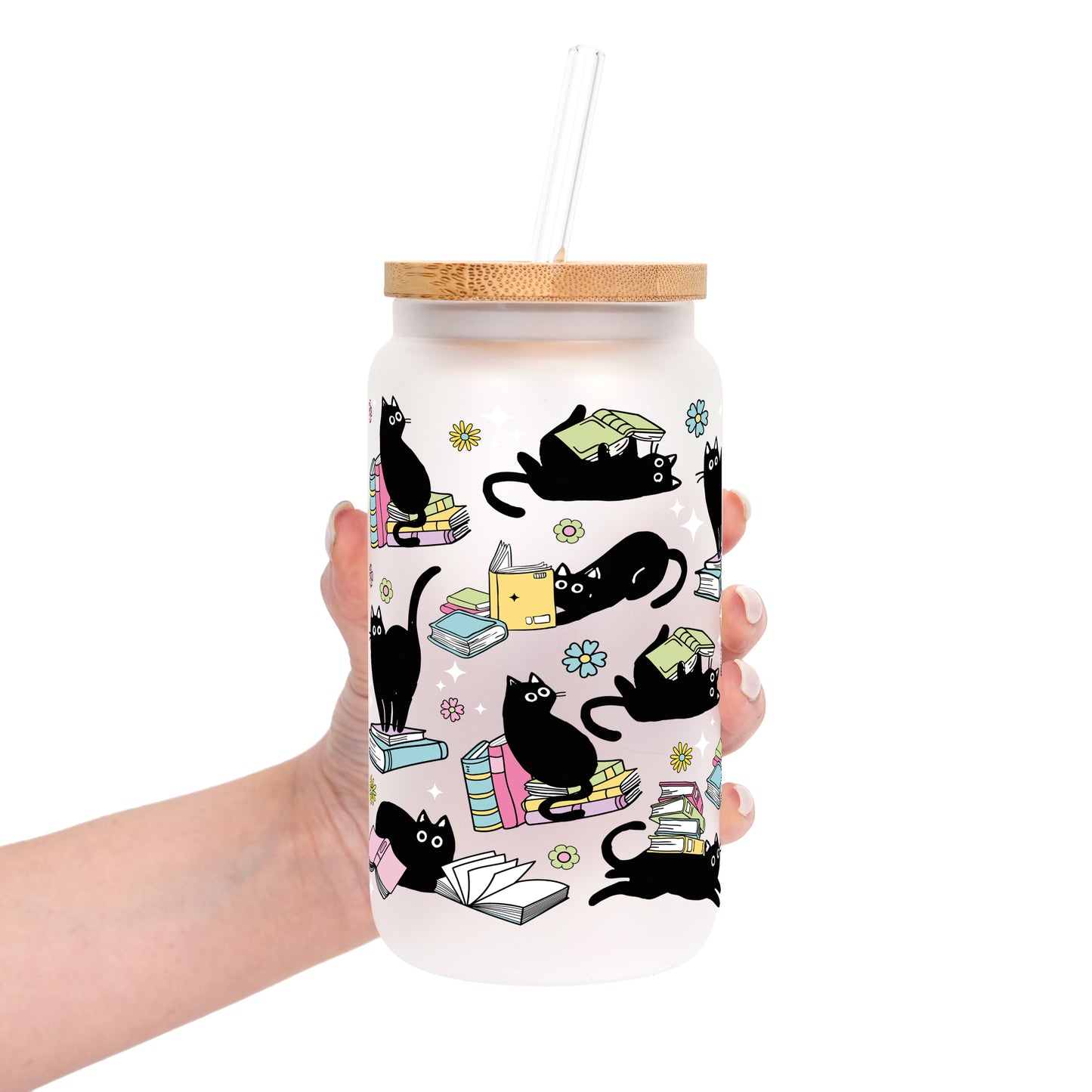 Black Cats on Books Glass Cup, Mug & Tumbler with Lid and Straw