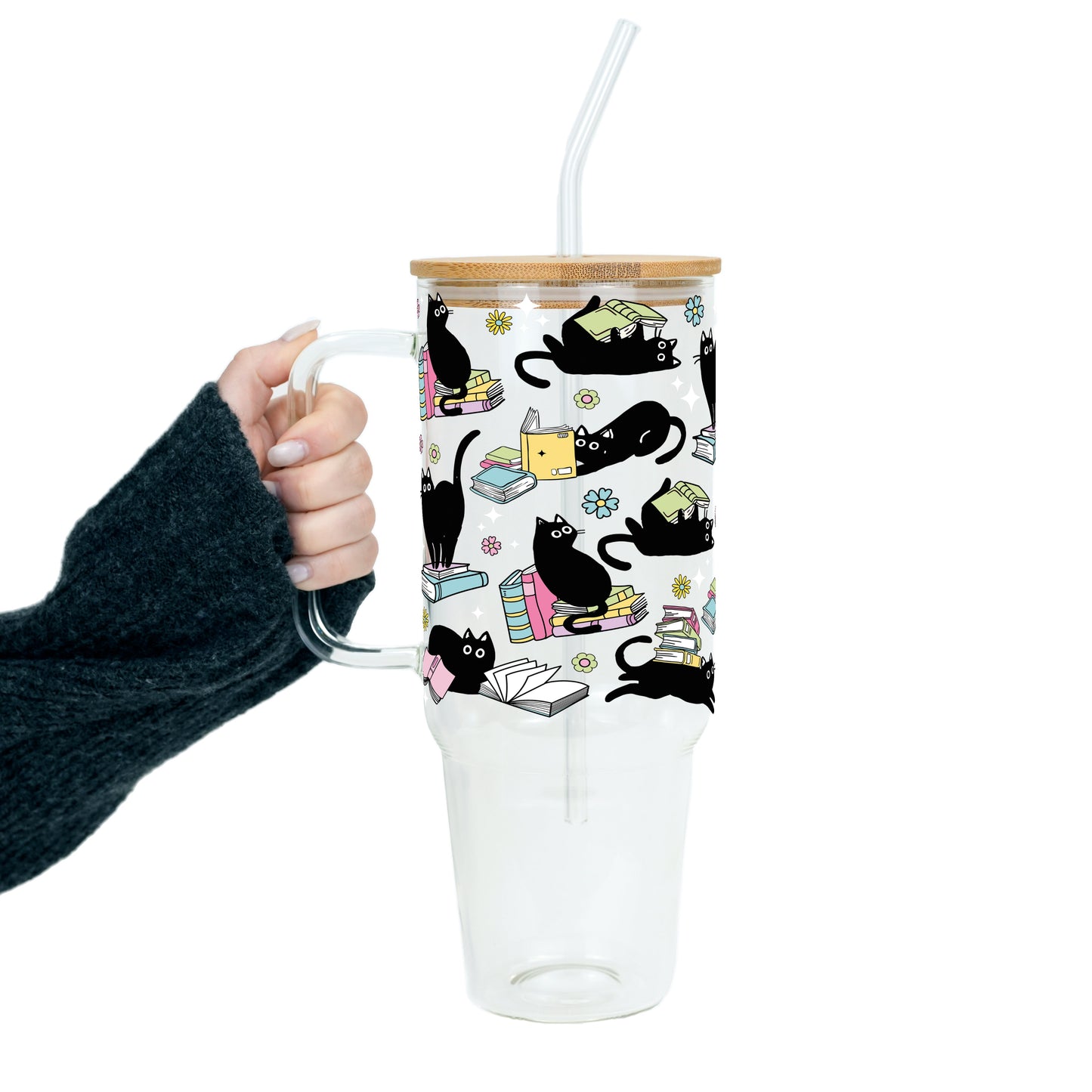 Black Cats on Books Glass Cup, Mug & Tumbler with Lid and Straw