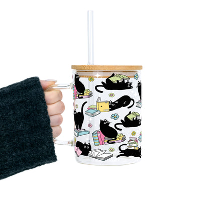 Black Cats on Books Glass Cup, Mug & Tumbler with Lid and Straw