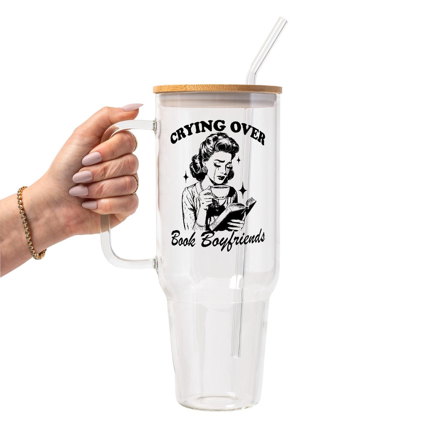 Crying Over Book Boyfriend Glass Cup, Mug & Tumbler with Lid and Straw