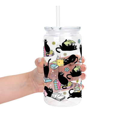 Black Cats on Books Glass Cup, Mug & Tumbler with Lid and Straw