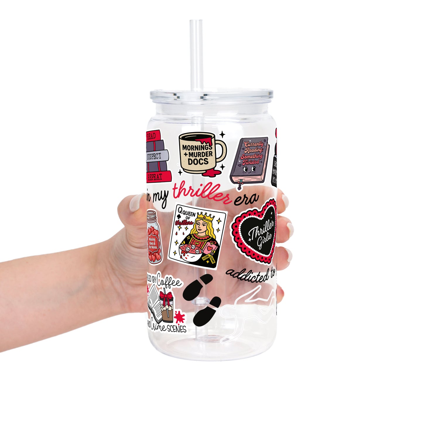 Thriller True Crime Glass Cup, Mug & Tumbler with Lid and Straw