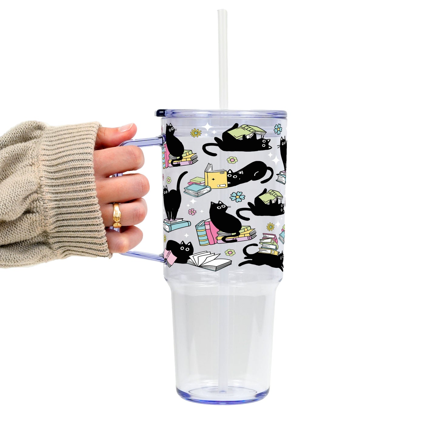 Black Cats on Books Glass Cup, Mug & Tumbler with Lid and Straw