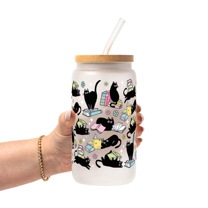 Black Cats on Books Glass Cup, Mug & Tumbler with Lid and Straw