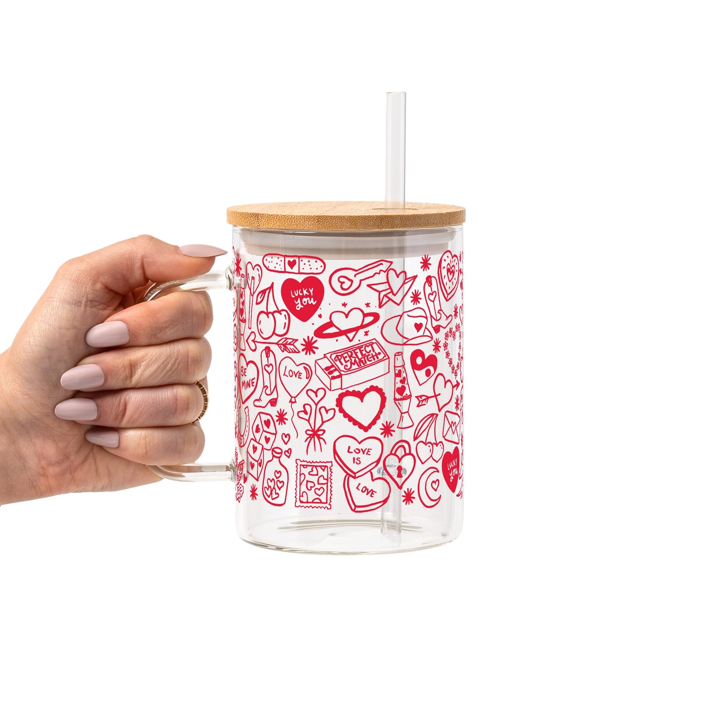 Red Tiny Tattoo Glass Cup, Mug & Tumbler with Lid and Straw