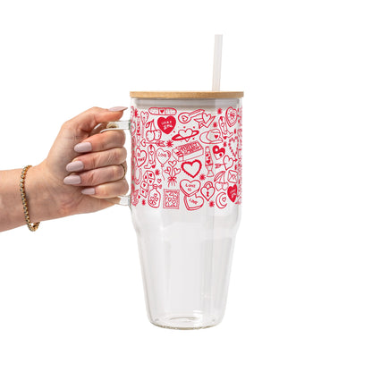 Red Tiny Tattoo Glass Cup, Mug & Tumbler with Lid and Straw
