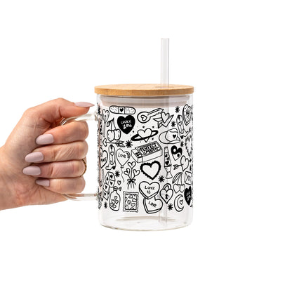 Black Tiny Tats Glass Cup, Mug & Tumbler with Lid and Straw