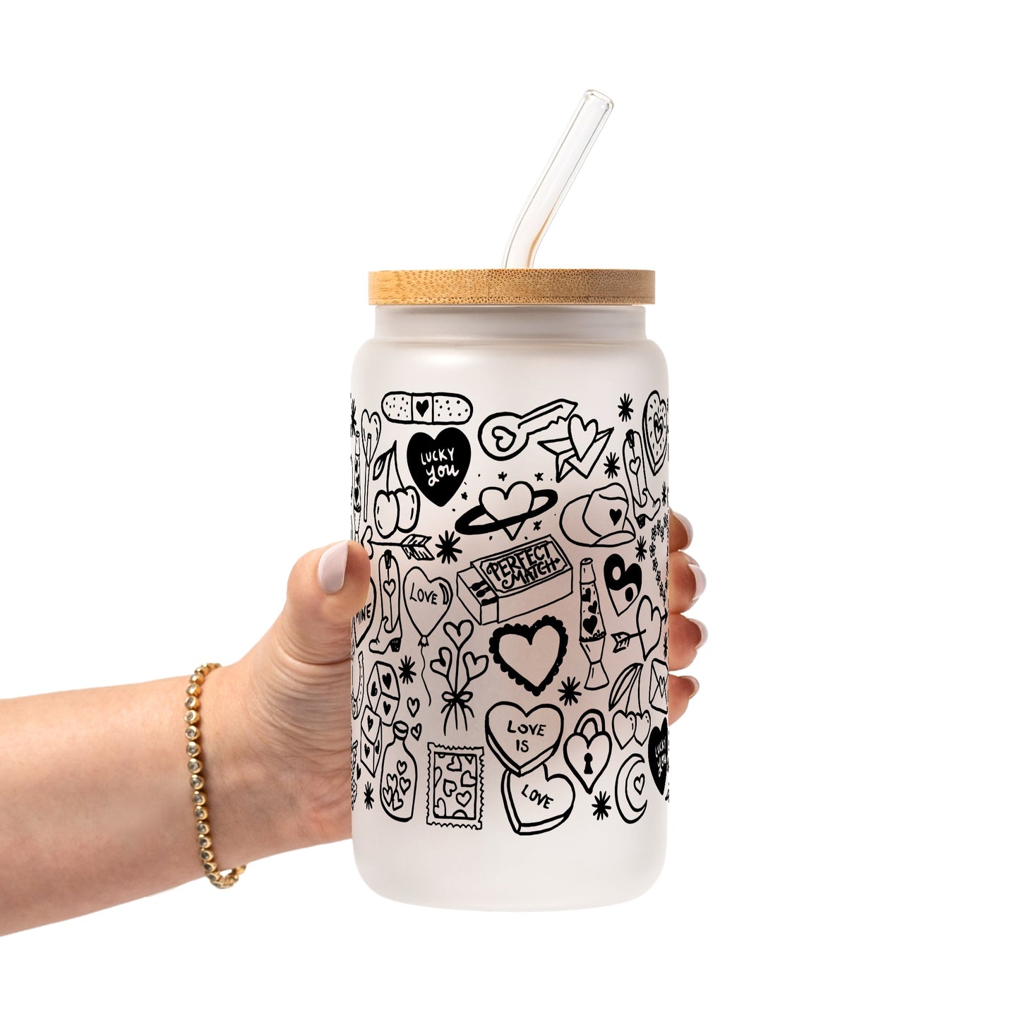 Black Tiny Tats Glass Cup, Mug & Tumbler with Lid and Straw