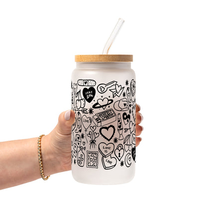 Black Tiny Tats Glass Cup, Mug & Tumbler with Lid and Straw