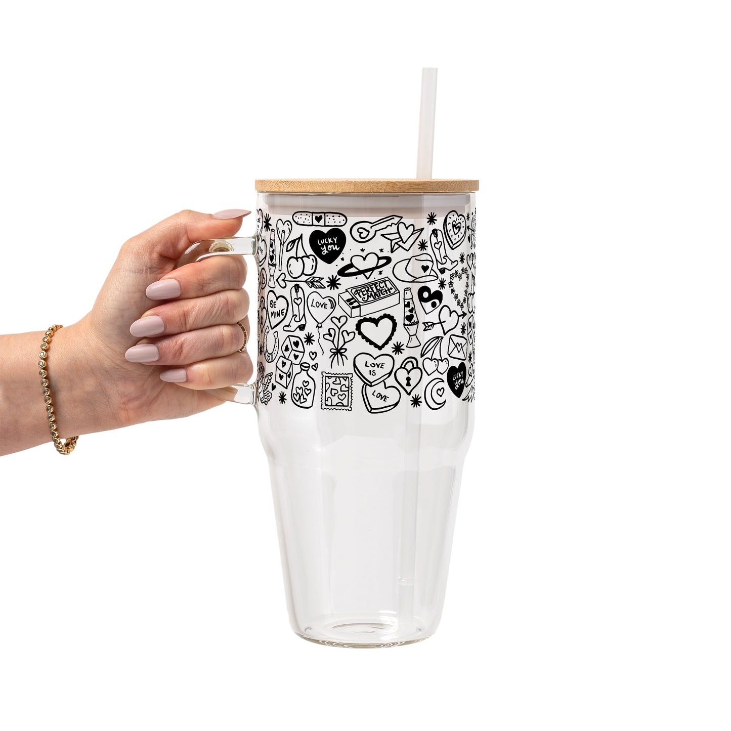 Black Tiny Tats Glass Cup, Mug & Tumbler with Lid and Straw