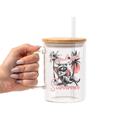 Feral Girl Summer Raccoon Glass Cup, Mug & Tumbler with Lid and Straw