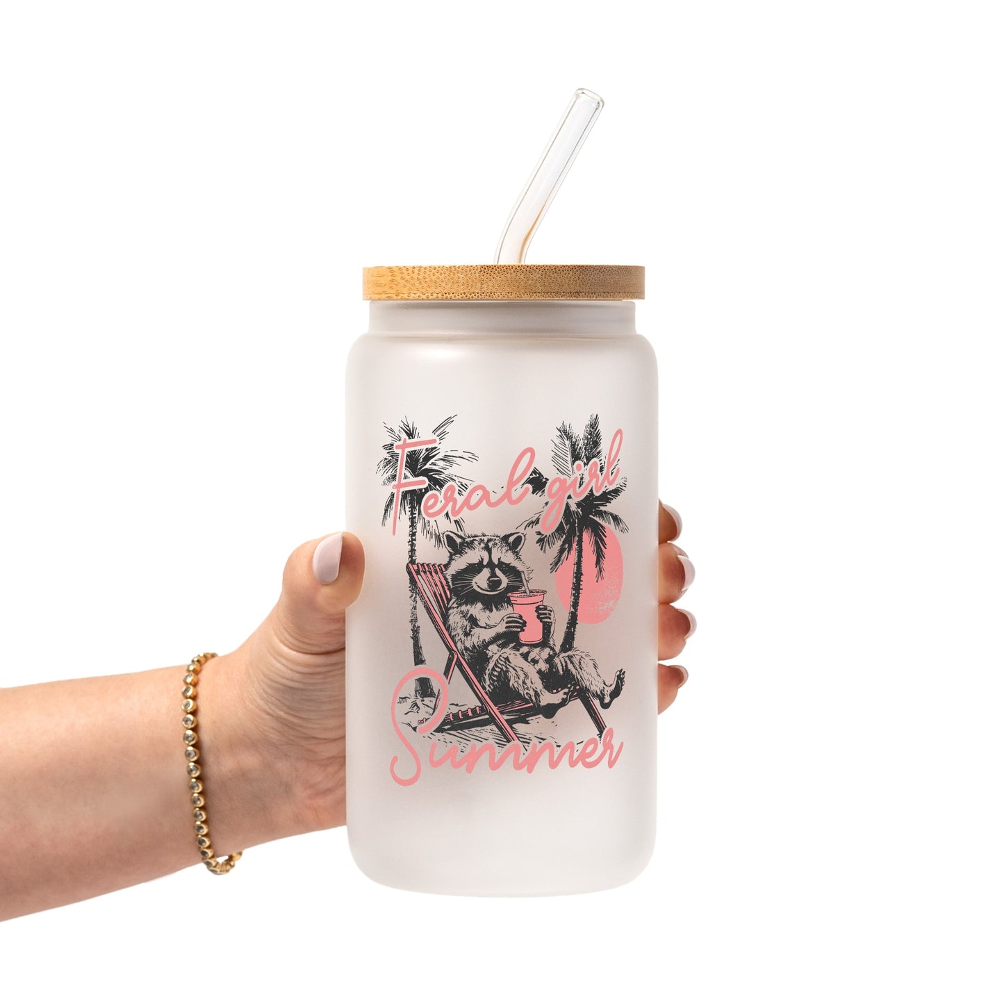 Feral Girl Summer Raccoon Glass Cup, Mug & Tumbler with Lid and Straw