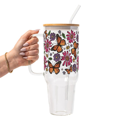 Butterfly Garden Glass Cup, Mug & Tumbler with Lid and Straw