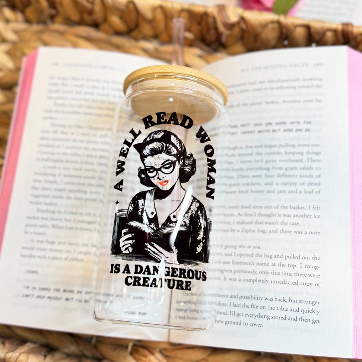 A Well Read Woman Is a Dangerous Creature Clear Glass Cup with Bamboo Lid & Straw - Starry Skies Austin