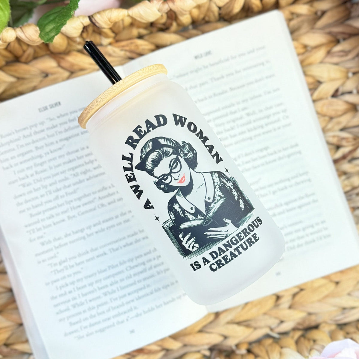 A Well Read Woman Is a Dangerous Creature Frosted Glass Cup with Bamboo Lid & Straw - Starry Skies Austin