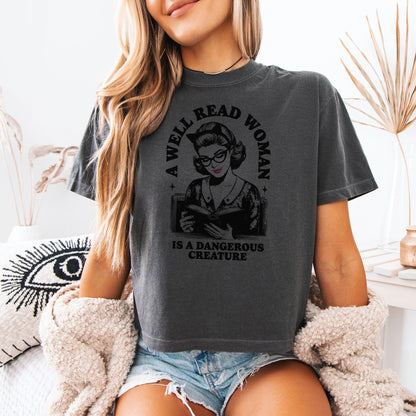 A Well Read Woman Is a Dangerous Creature Heavyweight Cropped Boxy Shirt - Starry Skies Austin